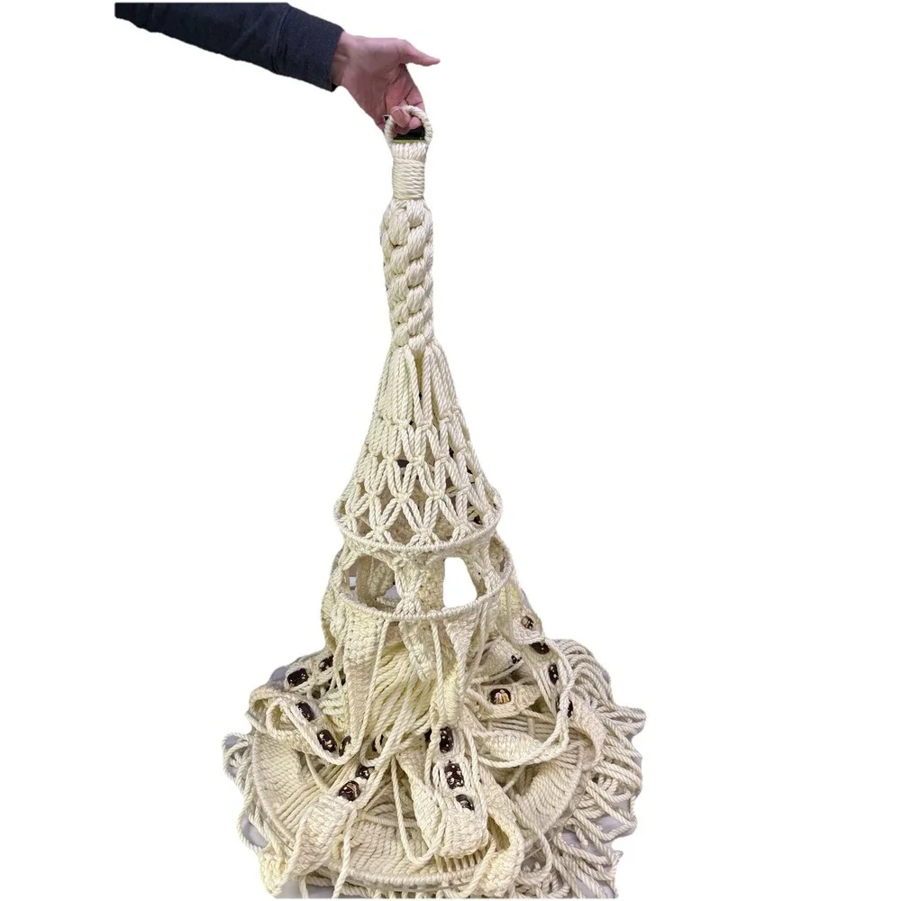 Vintage XL Macrame Hanging table & plant Hanger Retro Boho 70s Cream 88